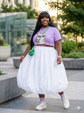 Brand White Balloon Midi Skirt — Voluminous Circle Skater Silhouette